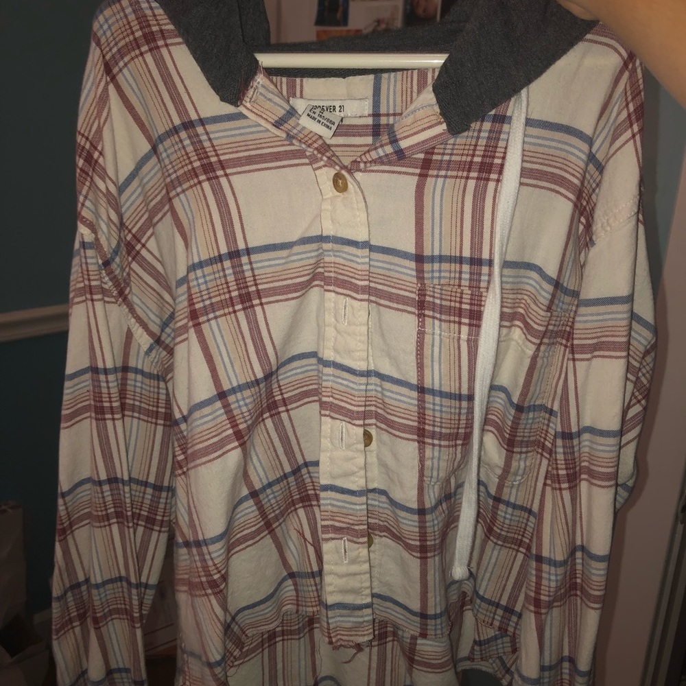 Forever 21 Self Cropped, Hooded, Plaid Button Up